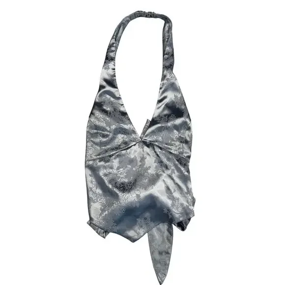 Windsor Satin Jacquard Halter Top Gray Silver Women's Large Tie Y2K Party Baddie - Picture 3 of 16